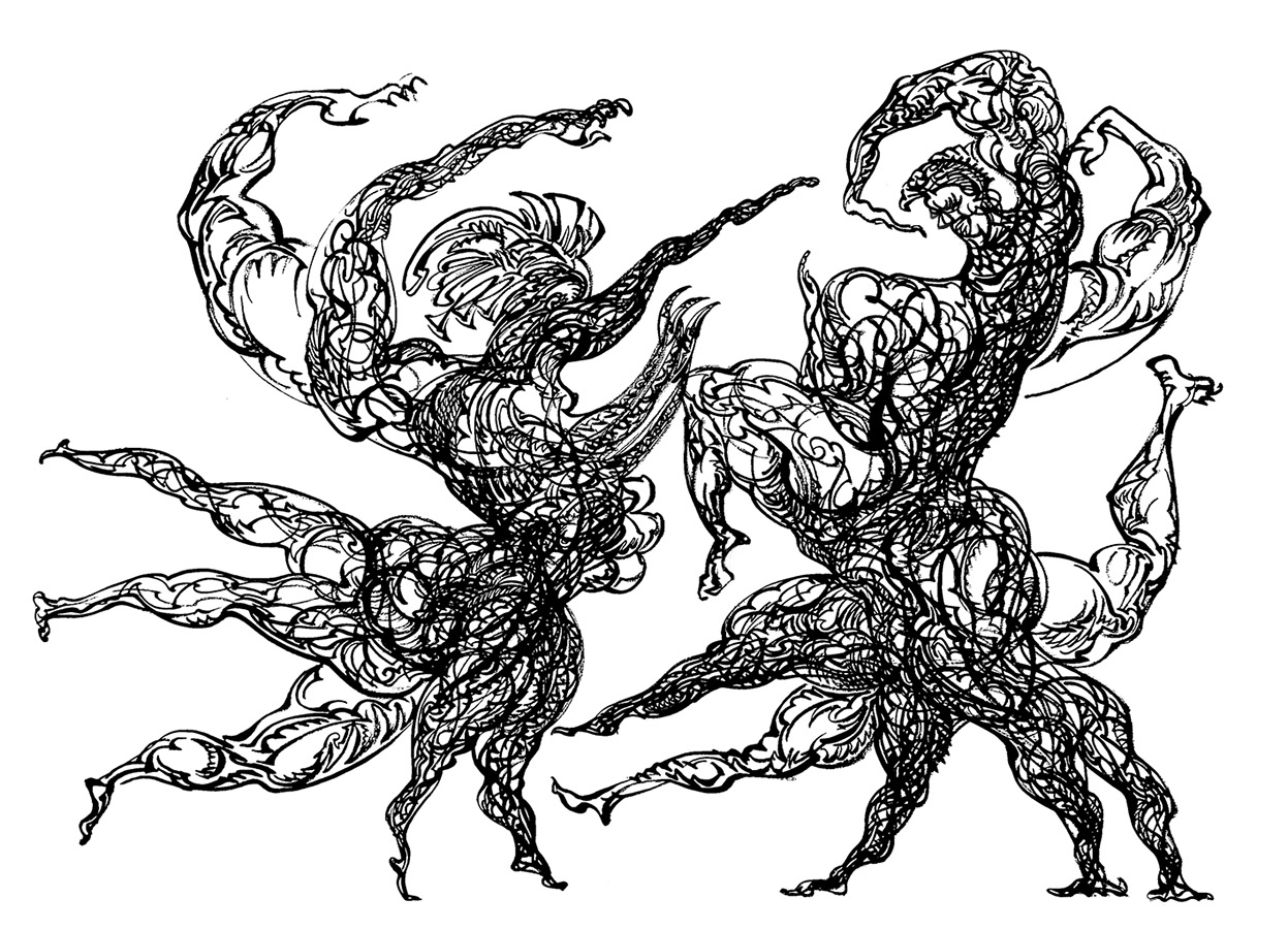 hanf drawn by brush and ink on B2 size paper, two abstract dancer-monsters meet