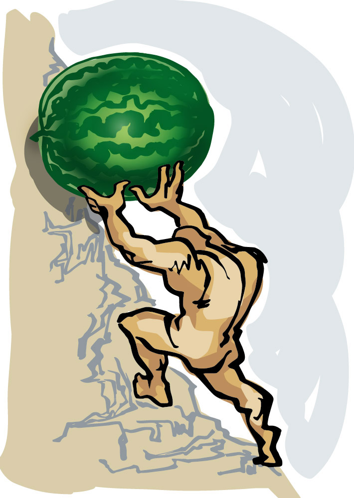 digitally remsatered drawing of Sisyphus, who instead of his symbolic rock, here he fights with a melon
