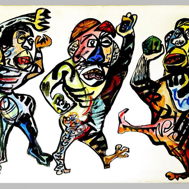 revelers or dancers in acryl based hand painting